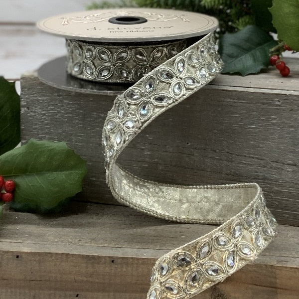Faux Metallic Dupion Jeweled Flowers - Platinum - 1" x 5yds