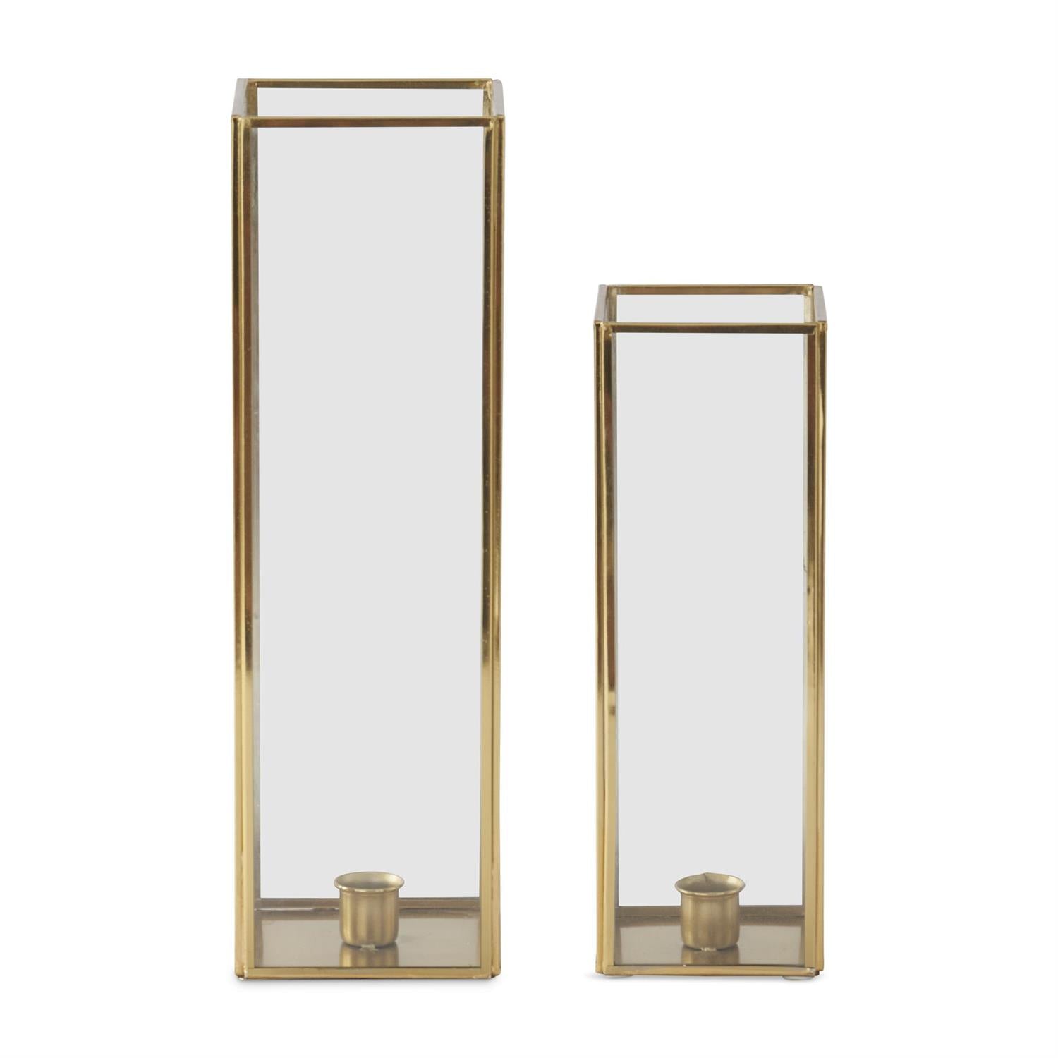 Set of 2 Clear Glass Panes & Gold Metal Framed Taper