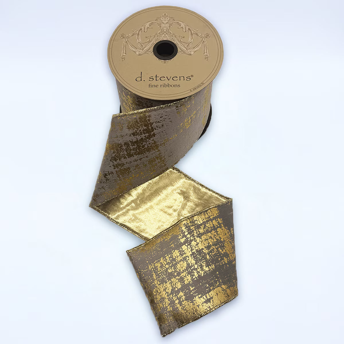 4" x 10yds suede velvet burnished metallic gold, grey