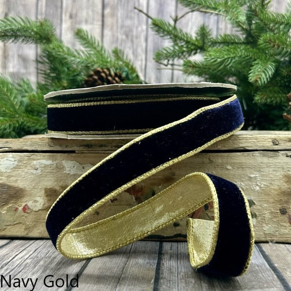 Lush Velvet Metallic Light Gold Back - Navy Blue - 1" x 10yds