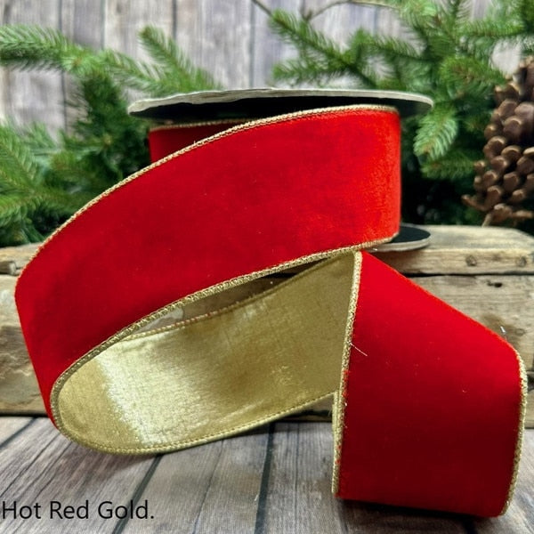 Lush Velvet Metallic Light Gold Back - Hot Red - 2.5" x 10yds