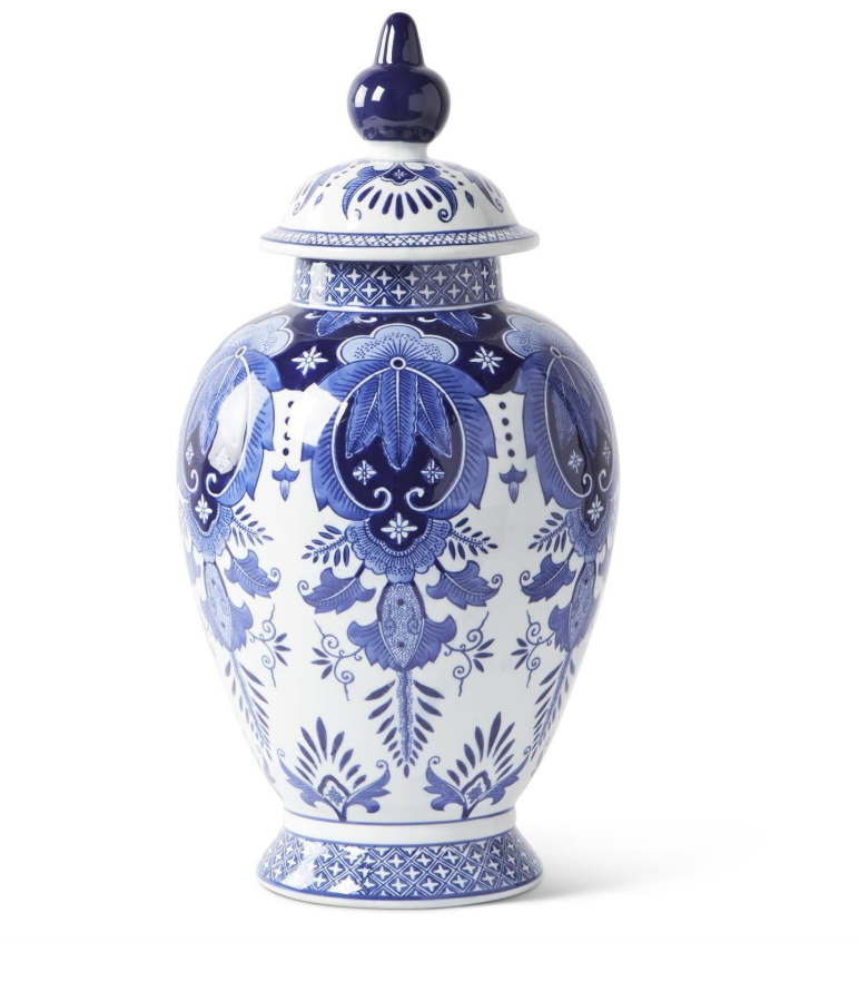 20.5 Inch Ceramic Blue & White Chinoiserie Lidded Ginger Jar
