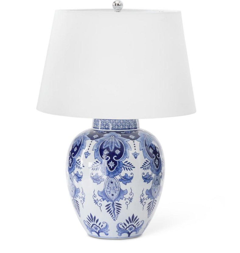 28 Inch Ceramic Blue & White Chinoiserie Lamp w/White Round Shade